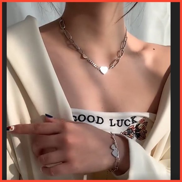 Silver Paper Clip and Cuban Multi Link Clavicle Length Necklace with 2 Hearts - Picture 4 of 7